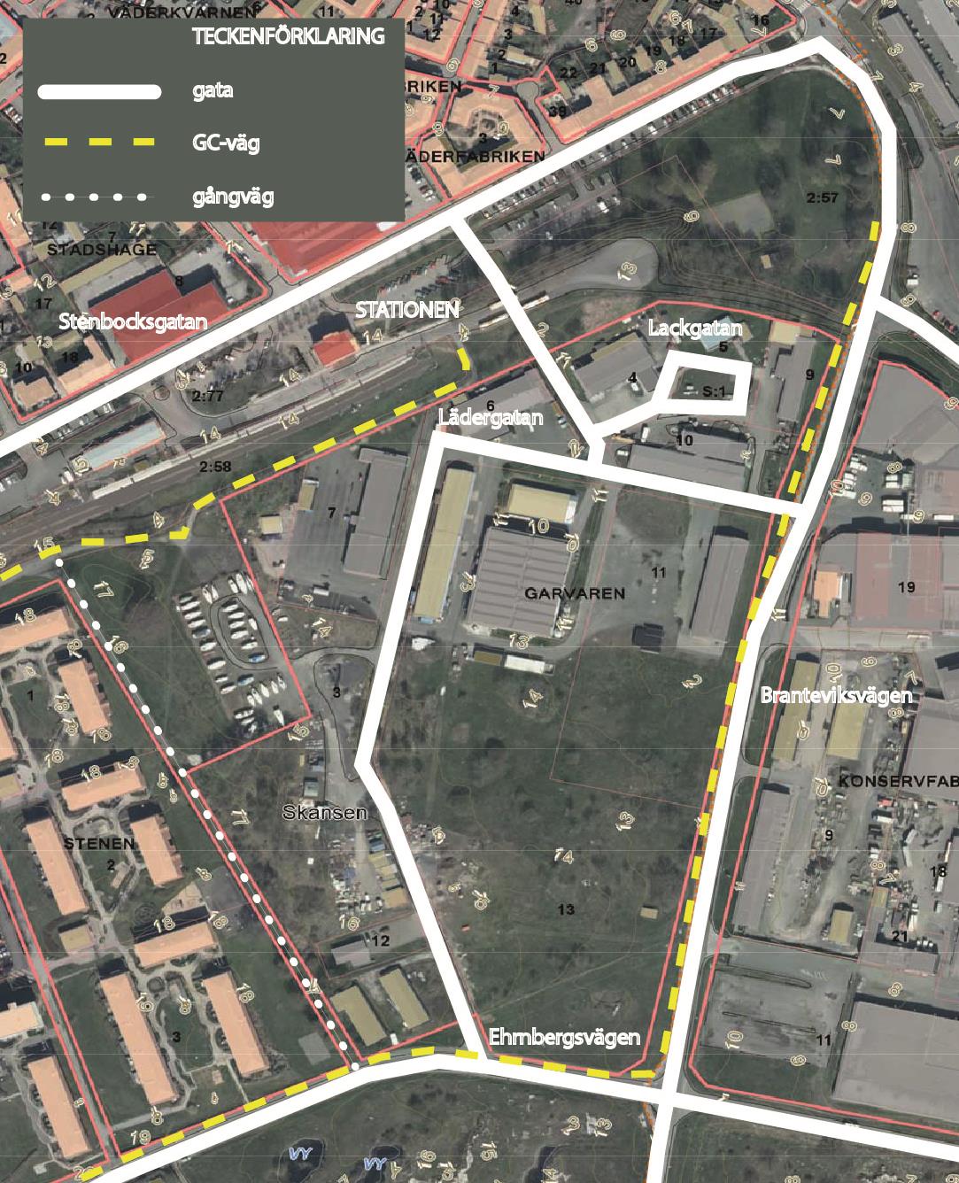 Trafik Infart till planområdet sker från Stenbocksgatan, Branteviksvägen och Ehrnbergsvägen via Lädergatan.