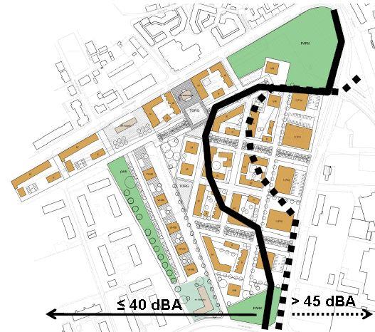 Bedömd industribullerutbredning, där den svarta heldragna linjen representerar en skiljelinje för 40 dba och den streckade linjen visar skiljelinjen för 45 dba.