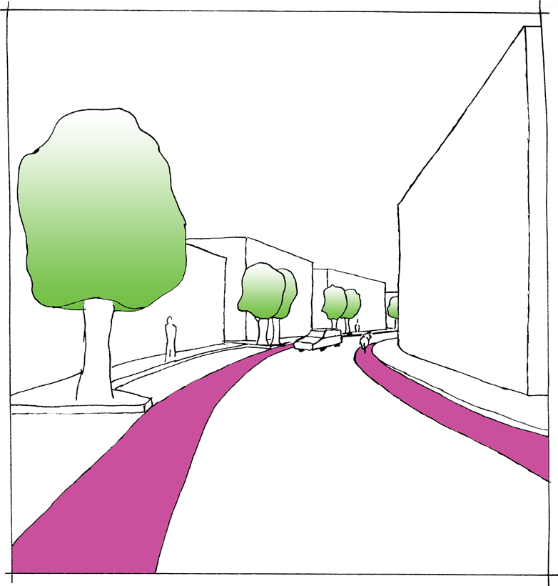 Längs huvudgatorna har cykeltrafiken egna fält som visuellt är markerande för att visa på en hög status i gaturummet.