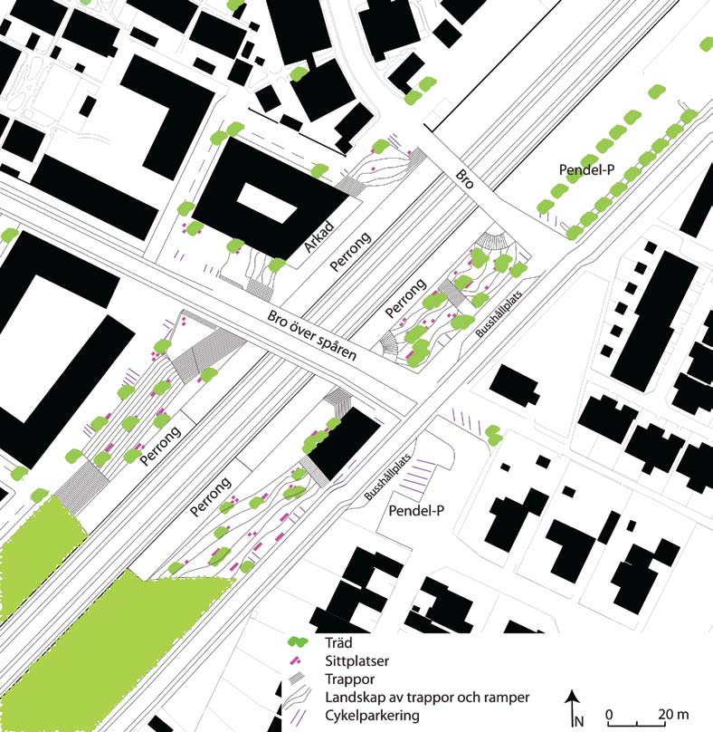 Stationsområdet med nedsänkta spår I förslaget med nedsänkta spår är passagerna över spåret och höjdskillnaderna ner till perrongerna i fokus. Bron delar in området i två underområden på vardera sida.