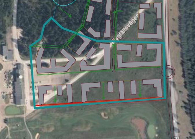 Avrinningsområde 3, syd Arean som beräknas i detta exempel är ca 5,30 ha (se bild 6) Bild 7: Visar den ungefärliga områdesgränsen för flödesberäkningarna för avrinningsområde 3 (cyanfärjade linjen).