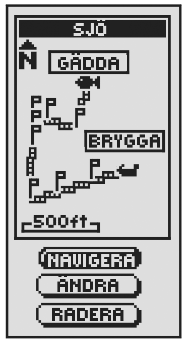 NAVIGERA SPÅR OCH RUTTER 5 Hur man navigerar ett valt spår För att få kartan att visa hur du ska navigera längs ett spår du valt: 1. På Nav.datasidan, markera och välj SPÅR. 2.