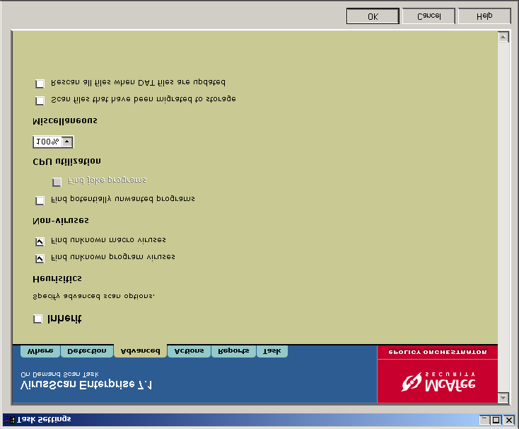 Konfigurera VirusScan Enterprise Fliken Advanced (avancerat) Definera flera inställningar. 1 Välj fliken Avanced (avancerat). Figur 2-27.