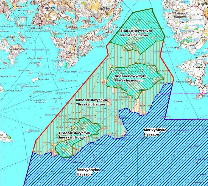 3. Inre skärgården (de inre delarna av Pörtö, Bodö, Onas och Kalvö). Till denna zon hör bara de större öarnas skyddade vikar.