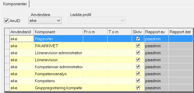 Komponentbehörigheter I programmet finns ett stort antal rutiner eller komponenter och för varje användare kan administratören ange vilka komponenter som användaren ska ha tillgång till.