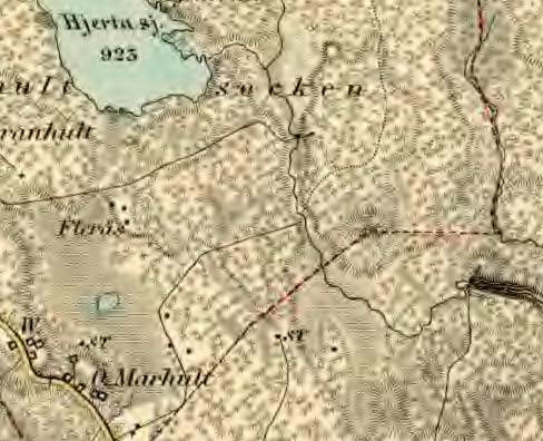 Figur 6. När generalstabskartan gavs ut 1874 hade de i utredningen dokumenterade bebyggelsearna (AC2018, AC2019 och AC2046) etablerats (inringat).