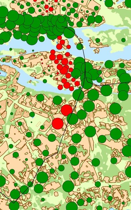 Figur 3.3 Områden med restidsvinster och restidsförluster i söderort för alternativ Blå (vänster bild) och för alternativ Svart, Rosa och Grön (höger bild).