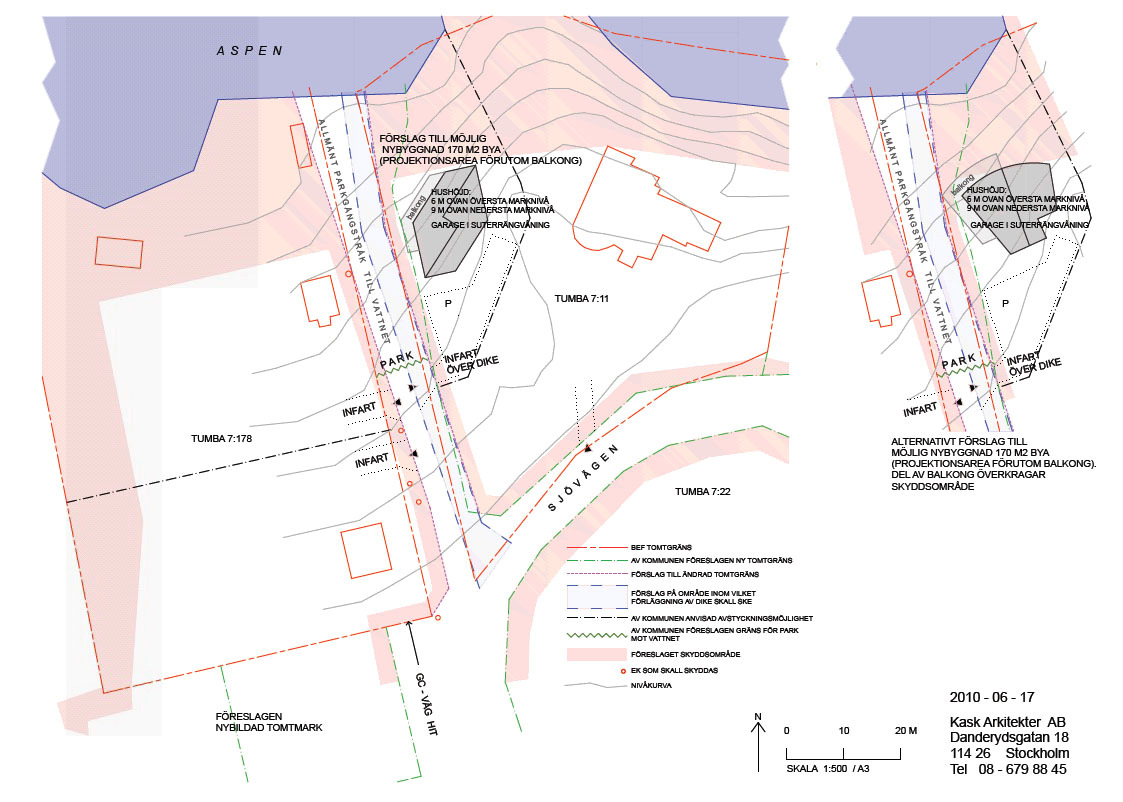 BOTKYRKA KOMMUN 13 [53] Stadsbyggnadsenheten 2010-10-15 Illustration som visar föreslagen avstyckning av Tumba 7:11 samt alternativ utformning av den allmänna förbindelsen mellan Sjövägen och sjön