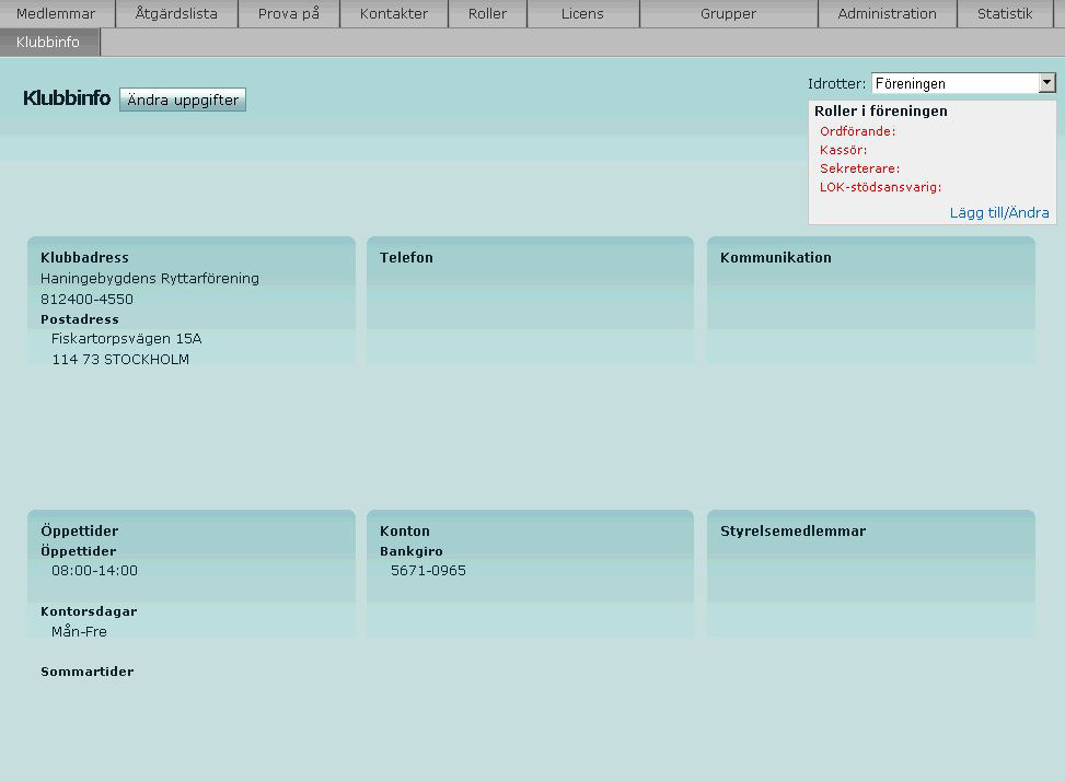 Klubbinfo Under fliken Klubbinfo kan man se och uppdatera föreningens uppgifter.