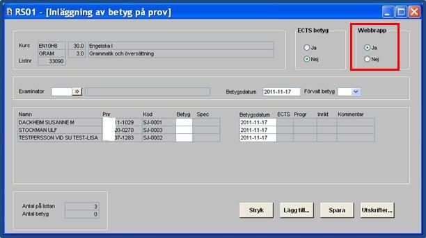Resultatrapportering - prov, ladokadministratör För att resultatrapportera med Ladok på webb: 1. 2. 3. 4. Skapa lista för betygsrapportering i RS01 på sedvanligt sätt.