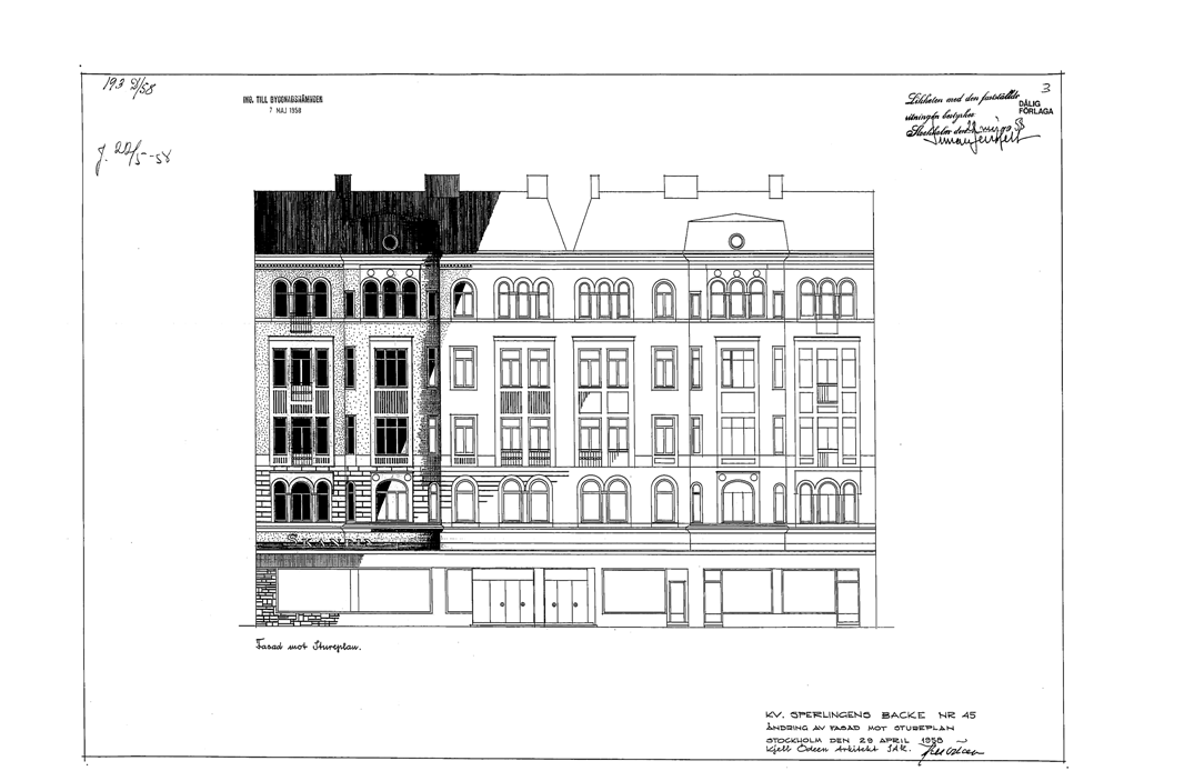 Ombyggnadshistorik (bygglov) 1897 - Byggnaden färdigställs och genomgår slutbesiktning. 1902 - Ändr. källare bottenvåning. 1908 - Ändr bottenvåning. 1925 - Ändr källare bottenvåning fasad.