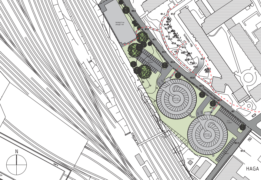 Figur 4. Planerade parkeringshus inom planområdet. (5) 2.2 Infrastruktur 2.2.1 Järnvägen I västlig riktning finns järnvägsspår för pendeltåg, fjärrtåg samt Arlandabanan.