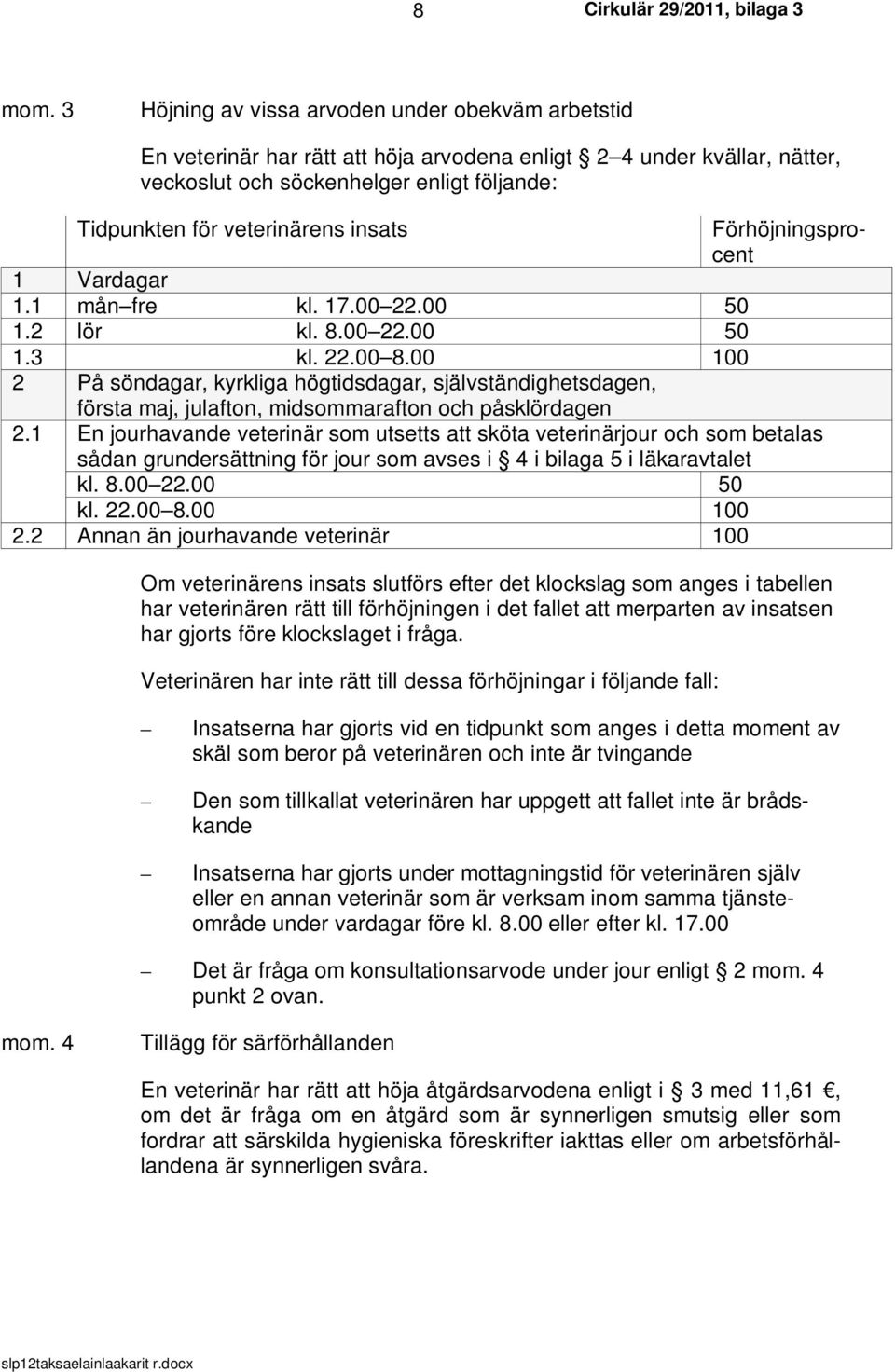 insats Förhöjningsprocent 1 Vardagar 1.1 mån fre kl. 17.00 22.00 50 1.2 lör kl. 8.00 22.00 50 1.3 kl. 22.00 8.