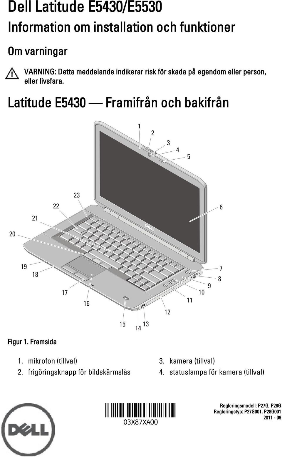 Latitude E5430 Framifrån och bakifrån Figur 1. Framsida 1. mikrofon (tillval) 2.