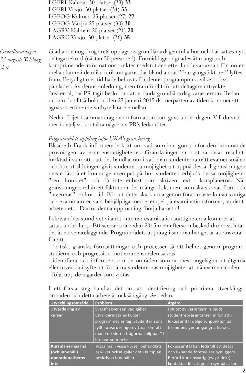 Förmiddagen ägnades åt många och komprimerade informationspunkter medan tiden efter lunch var avsatt för möten mellan lärare i de olika inriktningarna där bland annat framgångsfaktorer lyftes fram.