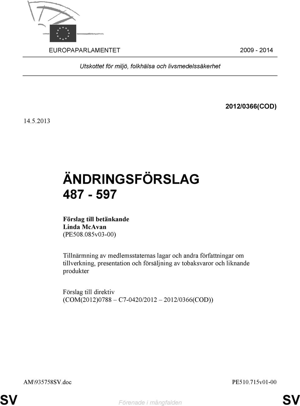 085v03-00) Tillnärmning av medlemsstaternas lagar och andra författningar om tillverkning, presentation