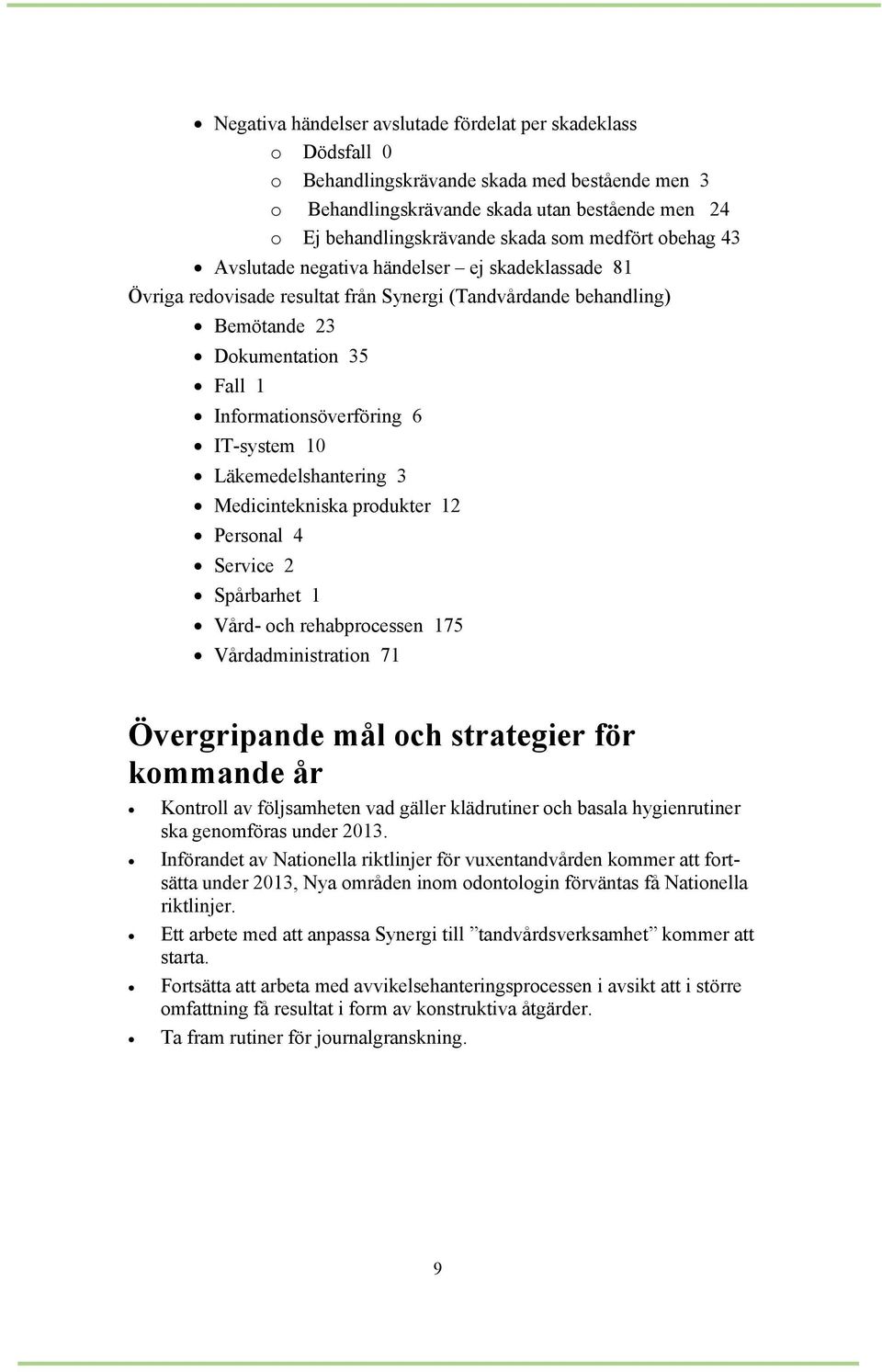 IT-system 10 Läkemedelshantering 3 Medicintekniska produkter 12 Personal 4 Service 2 Spårbarhet 1 Vård- och rehabprocessen 175 Vårdadministration 71 Övergripande mål och strategier för kommande år