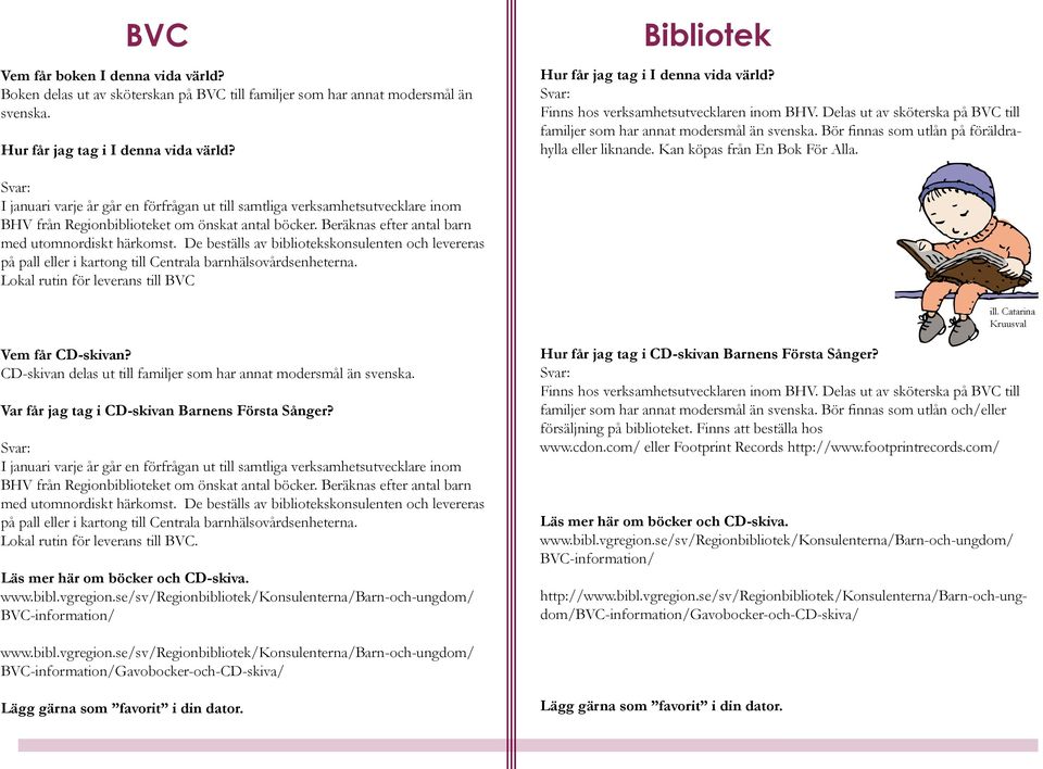 I januari varje år går en förfrågan ut till samtliga verksamhetsutvecklare inom BHV från Regionbiblioteket om önskat antal böcker. Beräknas efter antal barn med utomnordiskt härkomst.