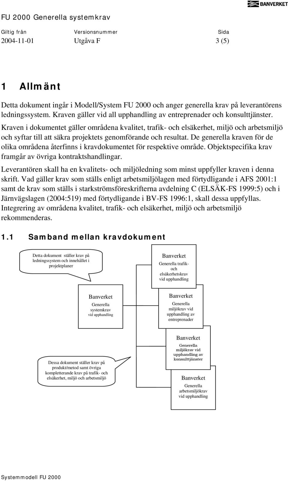 Kraven i dokumentet gäller områdena kvalitet, trafik- och elsäkerhet, miljö och arbetsmiljö och syftar till att säkra projektets genomförande och resultat.