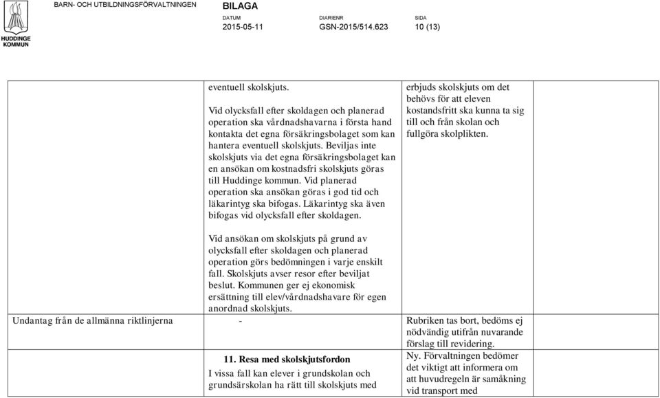 Beviljas inte skolskjuts via det egna försäkringsbolaget kan en ansökan om kostnadsfri skolskjuts göras till Huddinge kommun.