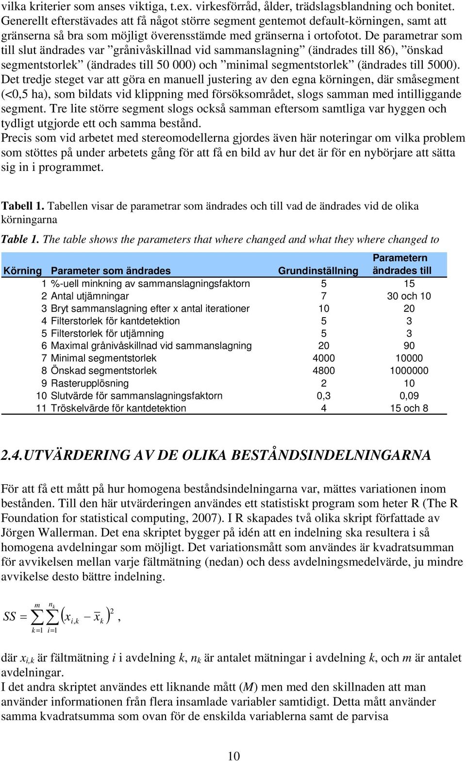 De parametrar som till slut ändrades var grånivåskillnad vid sammanslagning (ändrades till 86), önskad segmentstorlek (ändrades till 50 000) och minimal segmentstorlek (ändrades till 5000).
