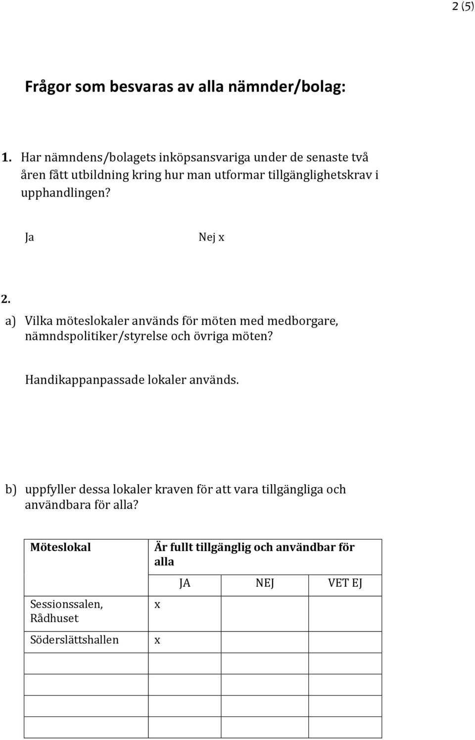 upphandlingen? Ja Nej x 2. a) Vilka möteslokaler används för möten med medborgare, nämndspolitiker/styrelse och övriga möten?