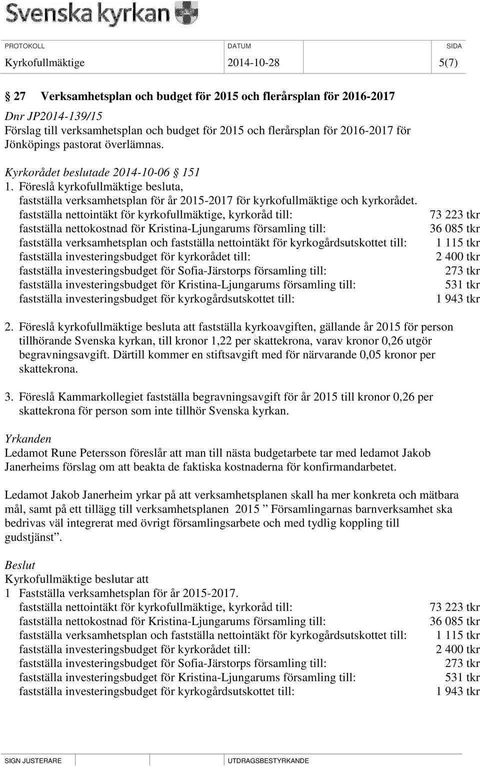 fastställa nettointäkt för kyrkofullmäktige, kyrkoråd till: fastställa nettokostnad för Kristina-Ljungarums församling till: fastställa verksamhetsplan och fastställa nettointäkt för