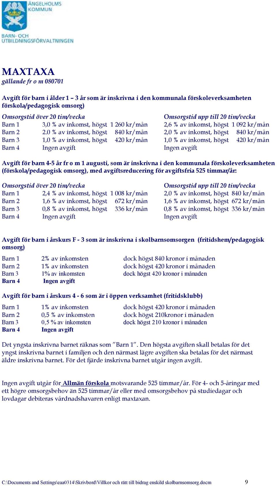 0 % av inkomst, högst 840 kr/mån 2,0 % av inkomst, högst 840 kr/mån Barn 3 1,0 % av inkomst, högst 420 kr/mån 1,0 % av inkomst, högst 420 kr/mån Barn 4 Ingen avgift Ingen avgift Avgift för barn 4-5