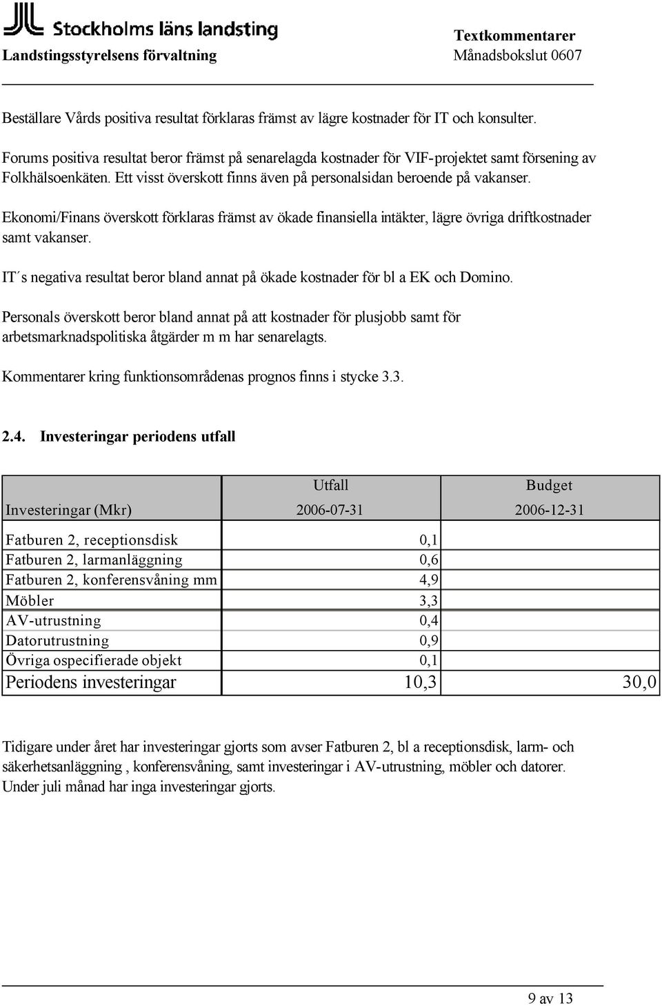 Ekonomi/Finans överskott förklaras främst av ökade finansiella intäkter, lägre övriga driftkostnader samt vakanser. IT s negativa resultat beror bland annat på ökade kostnader för bl a EK och Domino.