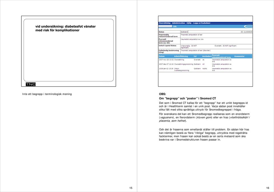 För svenskans del kan ett Snomedbegrepp realiseras som en enordsterm (vagusnerv), en flerordsterm (kluven gom) eller en fras (vitellinblodkärl i placenta, som helhet).