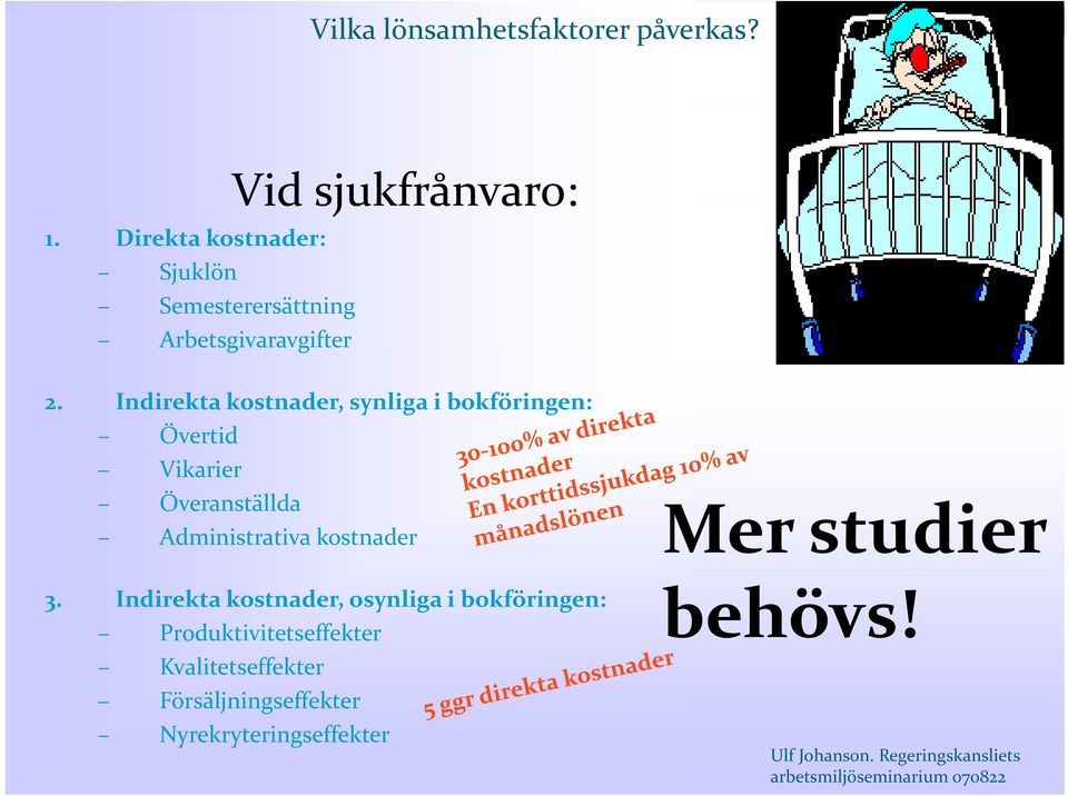 Indirekta kostnader, synliga i bokföringen: Övertid Vikarier Överanställda Administrativa kostnader 3.