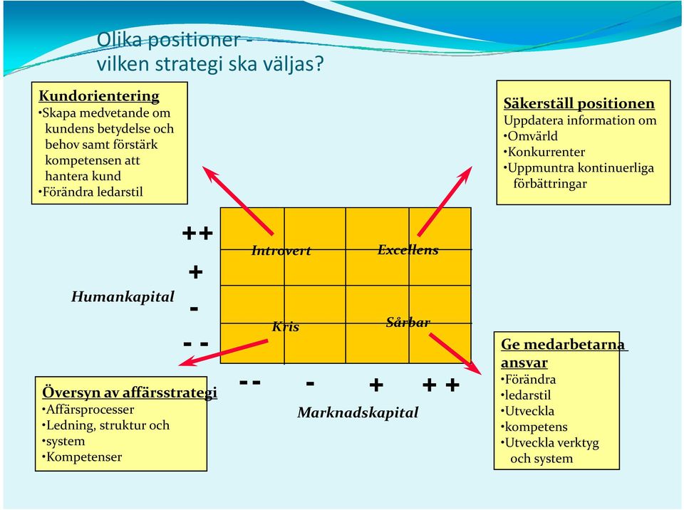 Humankapital ++ + - Översyn av affärsstrategi Affärsprocesser Ledning, struktur och system Kompetenser Introvert Excellens Säkerställ