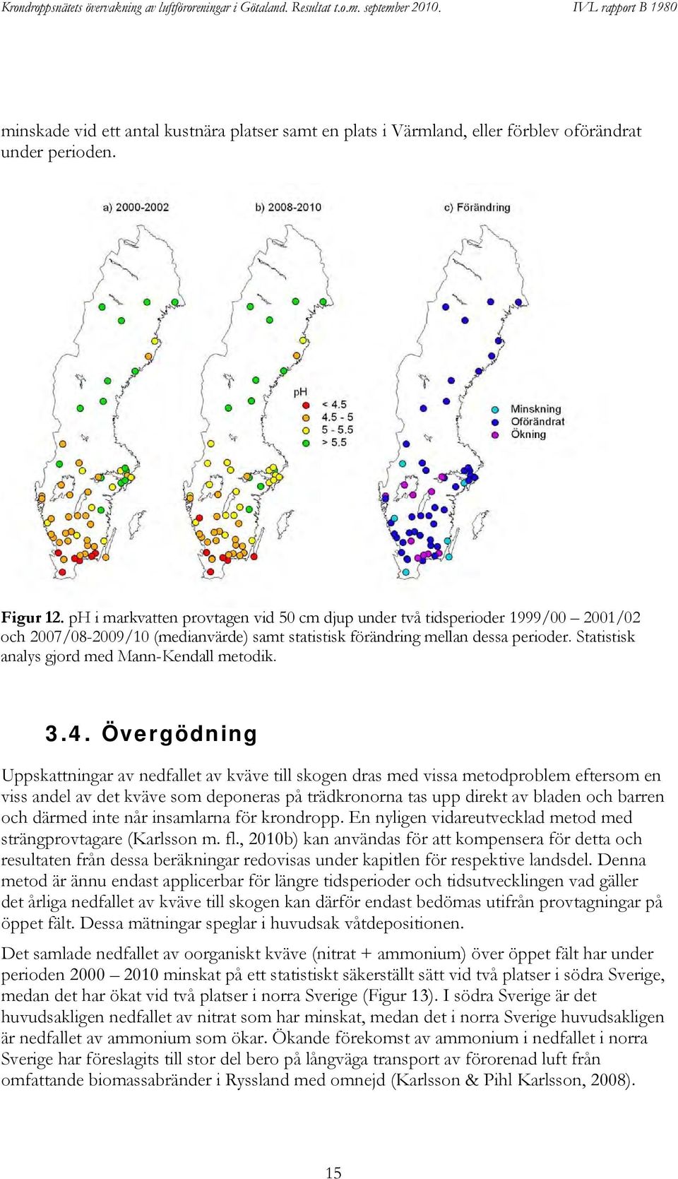 i markvatten provtagen vid cm djup under två tidsperioder 999/ / och 7/-9/ (medianvärde) samt statistisk förändring mellan dessa perioder. Statistisk analys gjord med Mann-Kendall metodik.