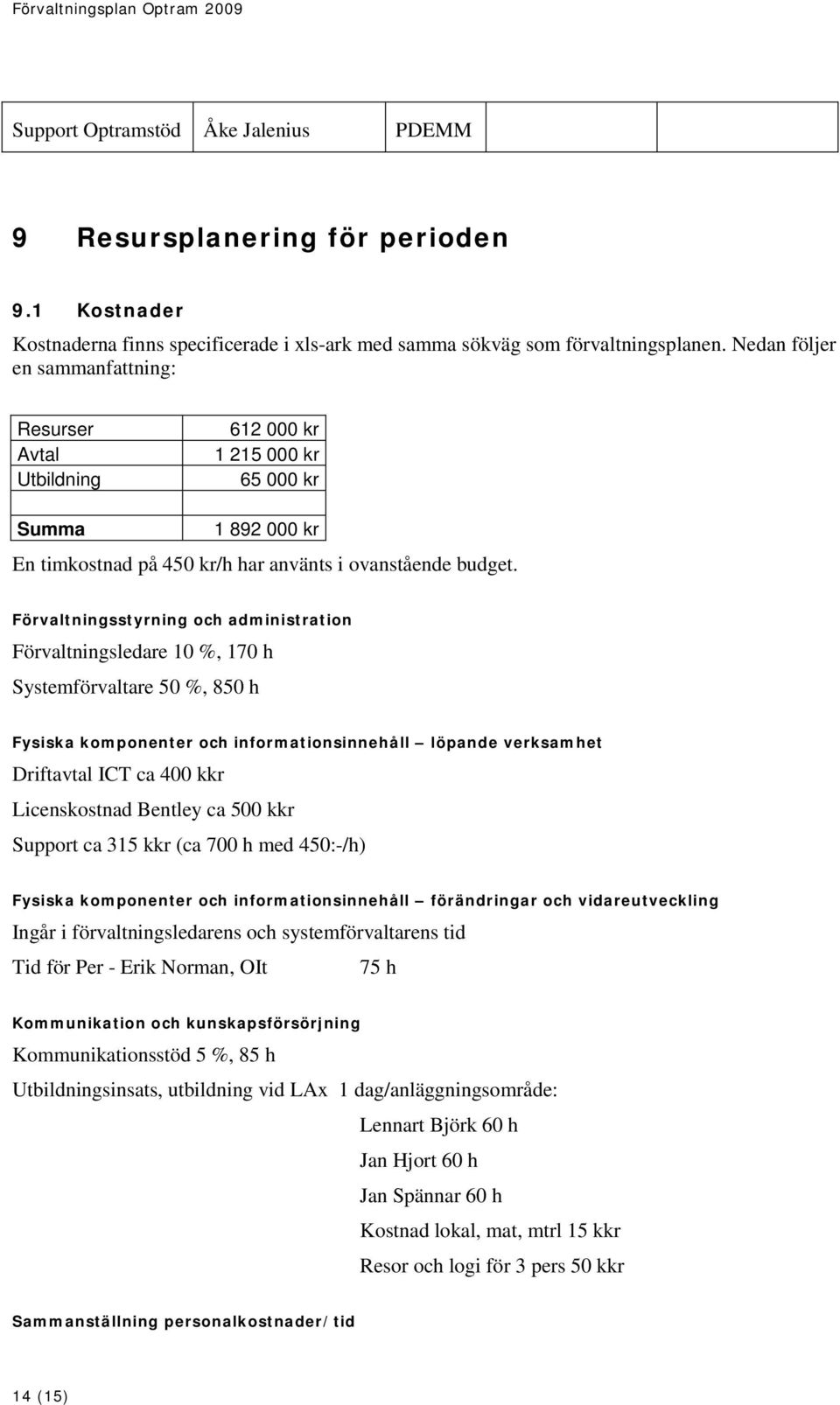 Förvaltningsstyrning och administration Förvaltningsledare 10 %, 170 h Systemförvaltare 50 %, 850 h Fysiska komponenter och informationsinnehåll löpande verksamhet Driftavtal ICT ca 400 kkr