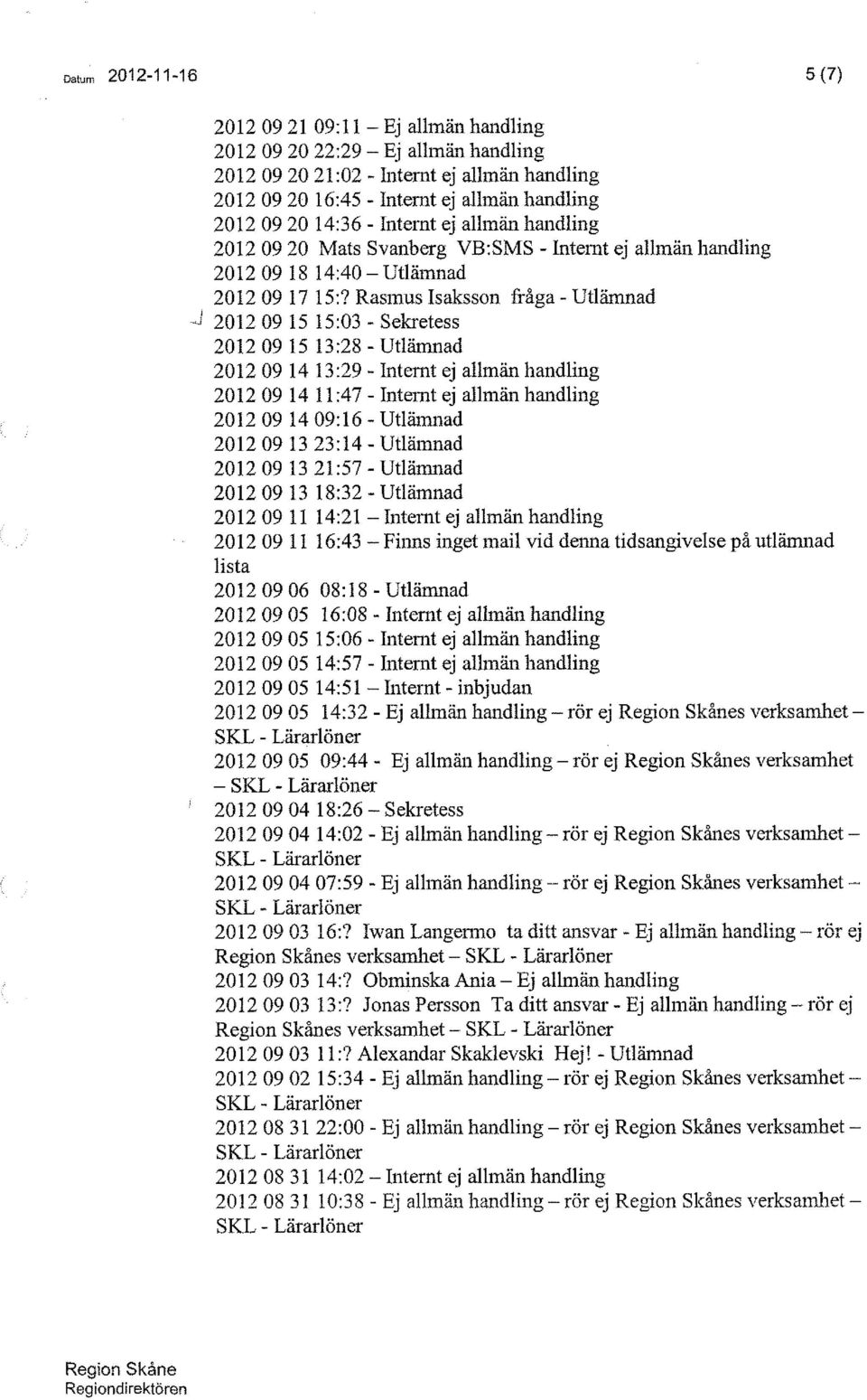 Rasmus Isaksson fråga - Utlämnad -J 2012 09 15 15:03 - Sekretess 2012 09 15 13:28 - Utlämnad 2012 09 14 13:29 - Internt ej allmän handling 2012 09 14 11:47 - Internt ej allmän handling 2012 09 14