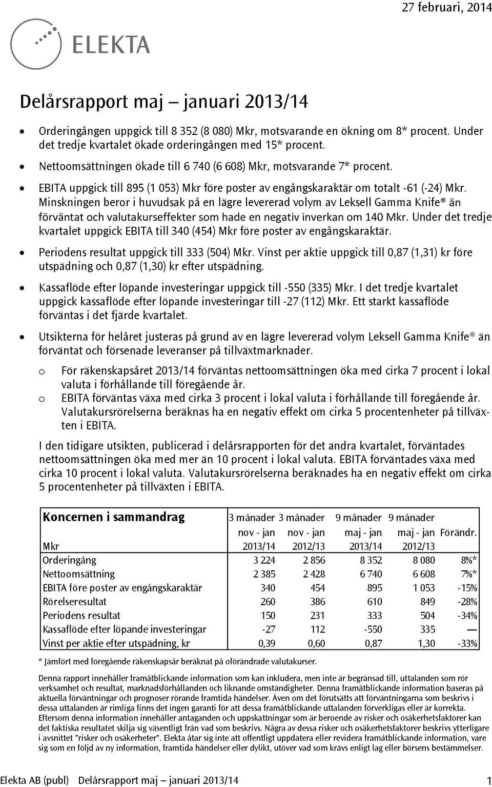 Minskningen beror i huvudsak på en lägre levererad volym av Leksell Gamma Knife än förväntat och valutakurseffekter som hade en negativ inverkan om 140 Mkr.