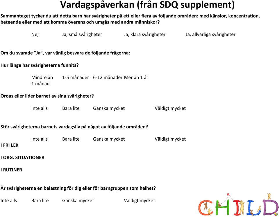 Mindre än 1 5 månader 6 12 månader Mer än 1 år 1 månad Oroas eller lider barnet av sina svårigheter?