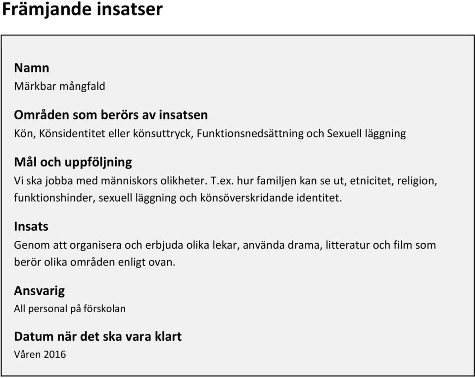 Insats Genom att organisera och erbjuda olika lekar, använda drama, litteratur och film som berör olika områden enligt ovan.