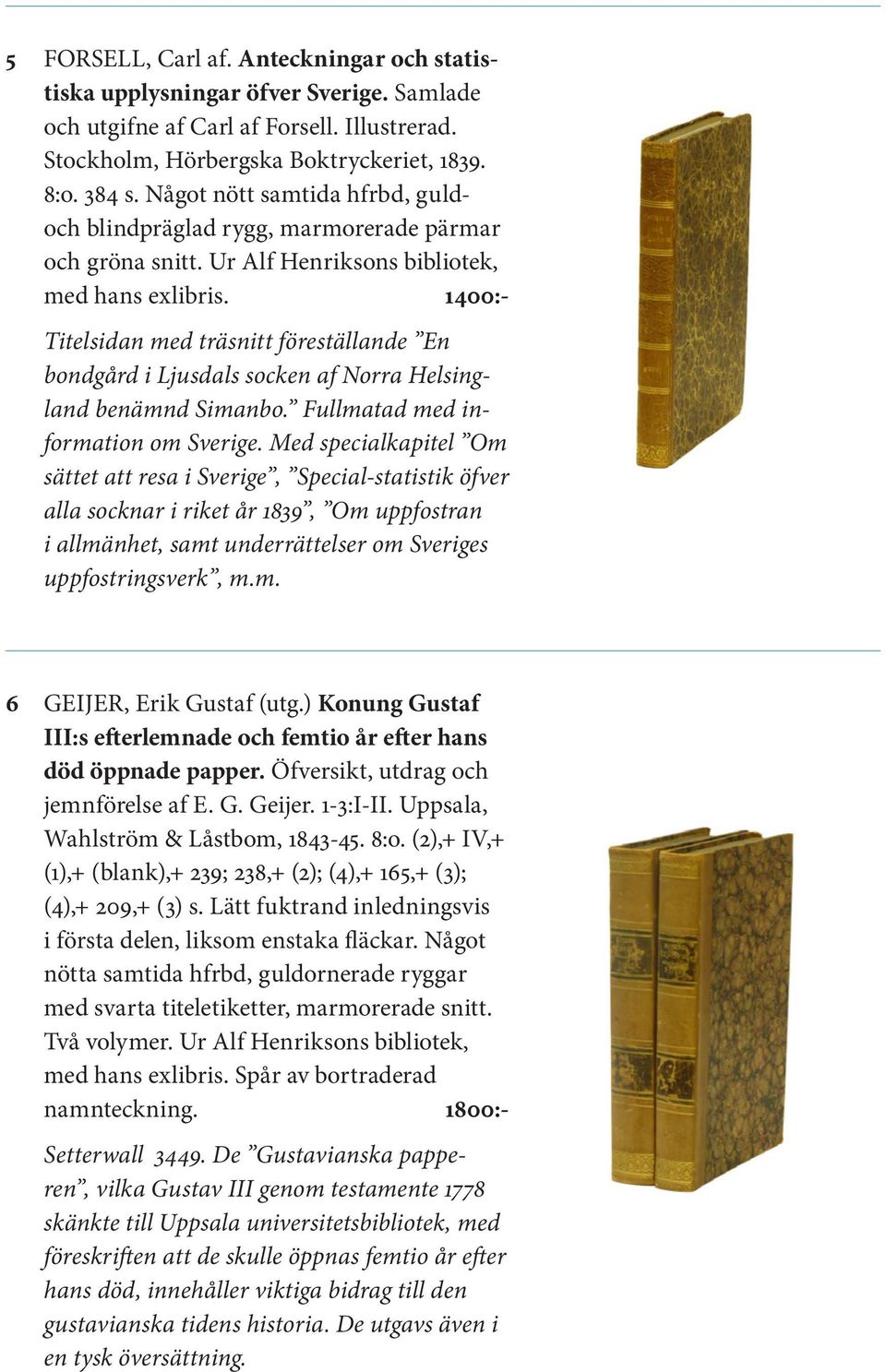 1400:- Titelsidan med träsnitt föreställande En bondgård i Ljusdals socken af Norra Helsingland benämnd Simanbo. Fullmatad med information om Sverige.