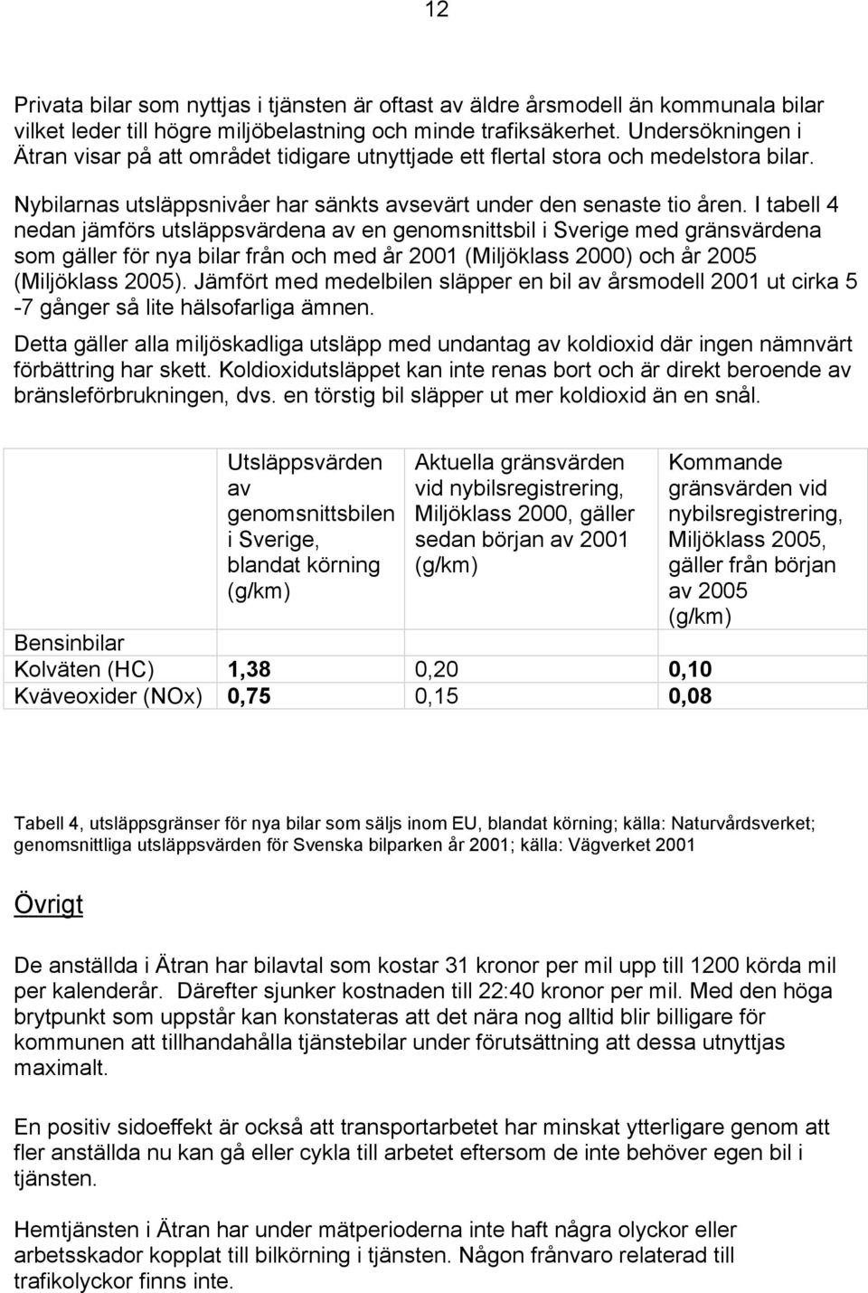 I tabell 4 nedan jämförs utsläppsvärdena av en genomsnittsbil i Sverige med gränsvärdena som gäller för nya bilar från och med år 2001 (Miljöklass 2000) och år 2005 (Miljöklass 2005).