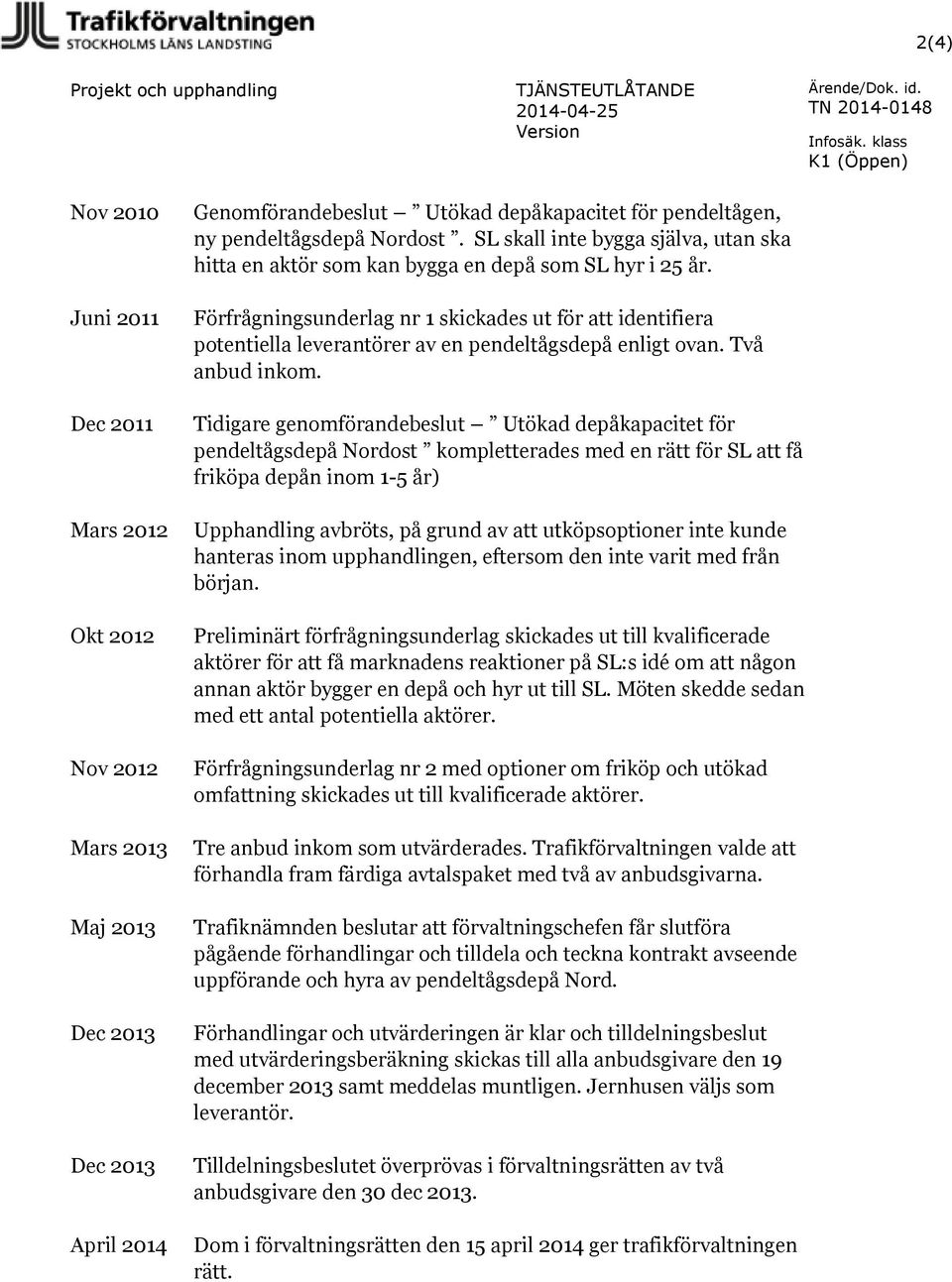 Förfrågningsunderlag nr 1 skickades ut för att identifiera potentiella leverantörer av en pendeltågsdepå enligt ovan. Två anbud inkom.