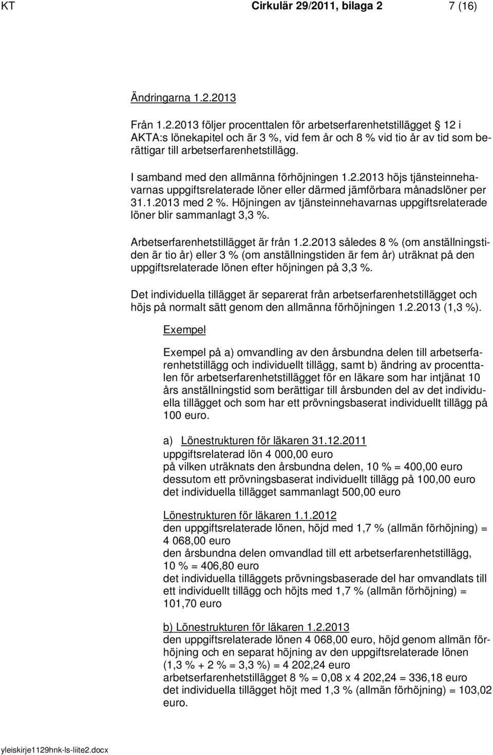 Höjningen av tjänsteinnehavarnas uppgiftsrelaterade löner blir sammanlagt 3,3 %. Arbetserfarenhetstillägget är från 1.2.