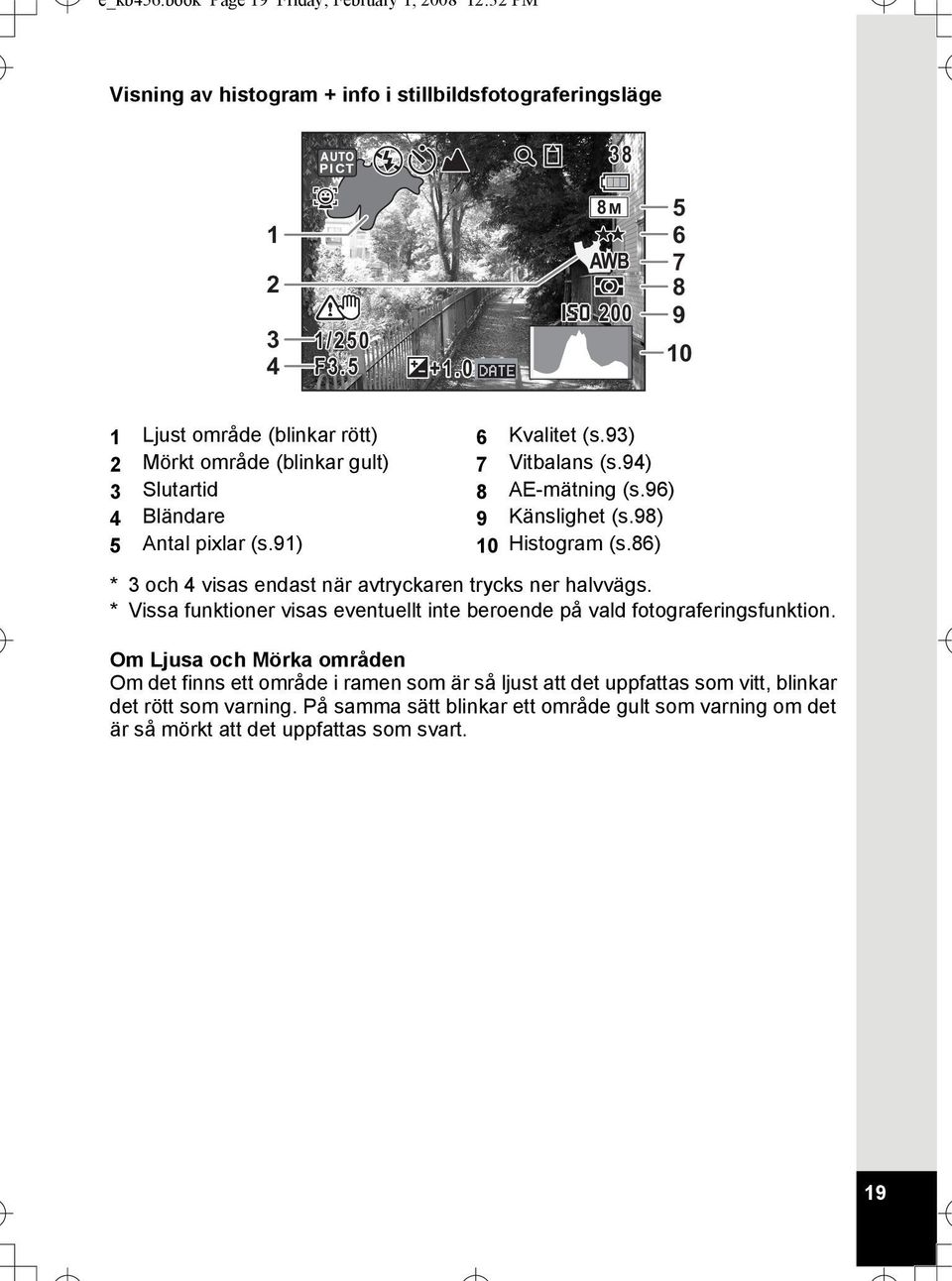 98) 5 Antal pixlar (s.91) 10 Histogram (s.86) * 3 och 4 visas endast när avtryckaren trycks ner halvvägs.