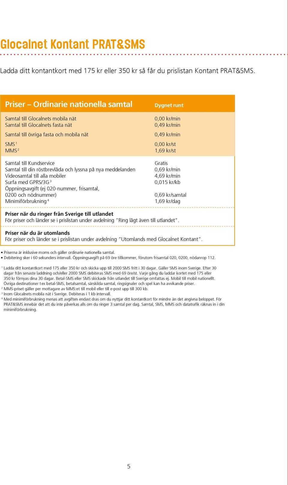 kr/min 0,00 kr/st 1,69 kr/st Samtal till Kundservice Samtal till din röstbrevlåda och lyssna på nya meddelanden 0,69 kr/min Videosamtal till alla mobiler 4,69 kr/min Surfa med GPRS/3G 3 0,015 kr/kb
