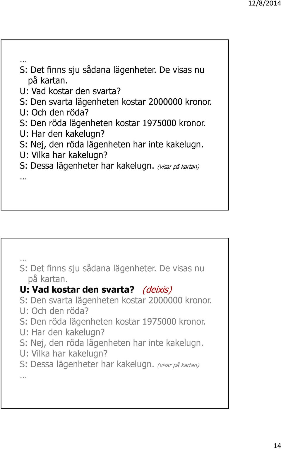 (visar på kartan) S: Det finns sju sådana lägenheter. De visas nu på kartan. U: Vad kostar den svarta? (deixis) S: Den svarta lägenheten kostar 2000000 kronor.