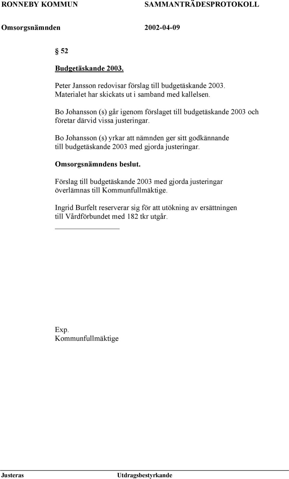 Bo Johansson (s) yrkar att nämnden ger sitt godkännande till budgetäskande 2003 med gjorda justeringar. Omsorgsnämndens beslut.
