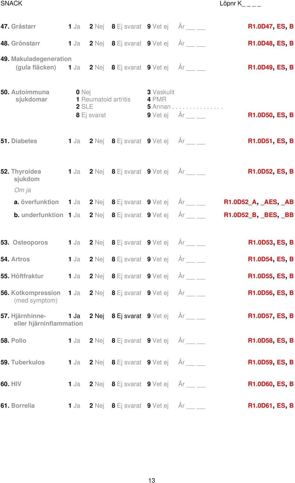 0D52, ES, B sjukdom Om ja a. överfunktion 1 Ja 2 Nej År R1.0D52_A, _AES, _AB b. underfunktion 1 Ja 2 Nej År R1.0D52_B, _BES, _BB 53. Osteoporos 1 Ja 2 Nej År R1.0D53, ES, B 54.