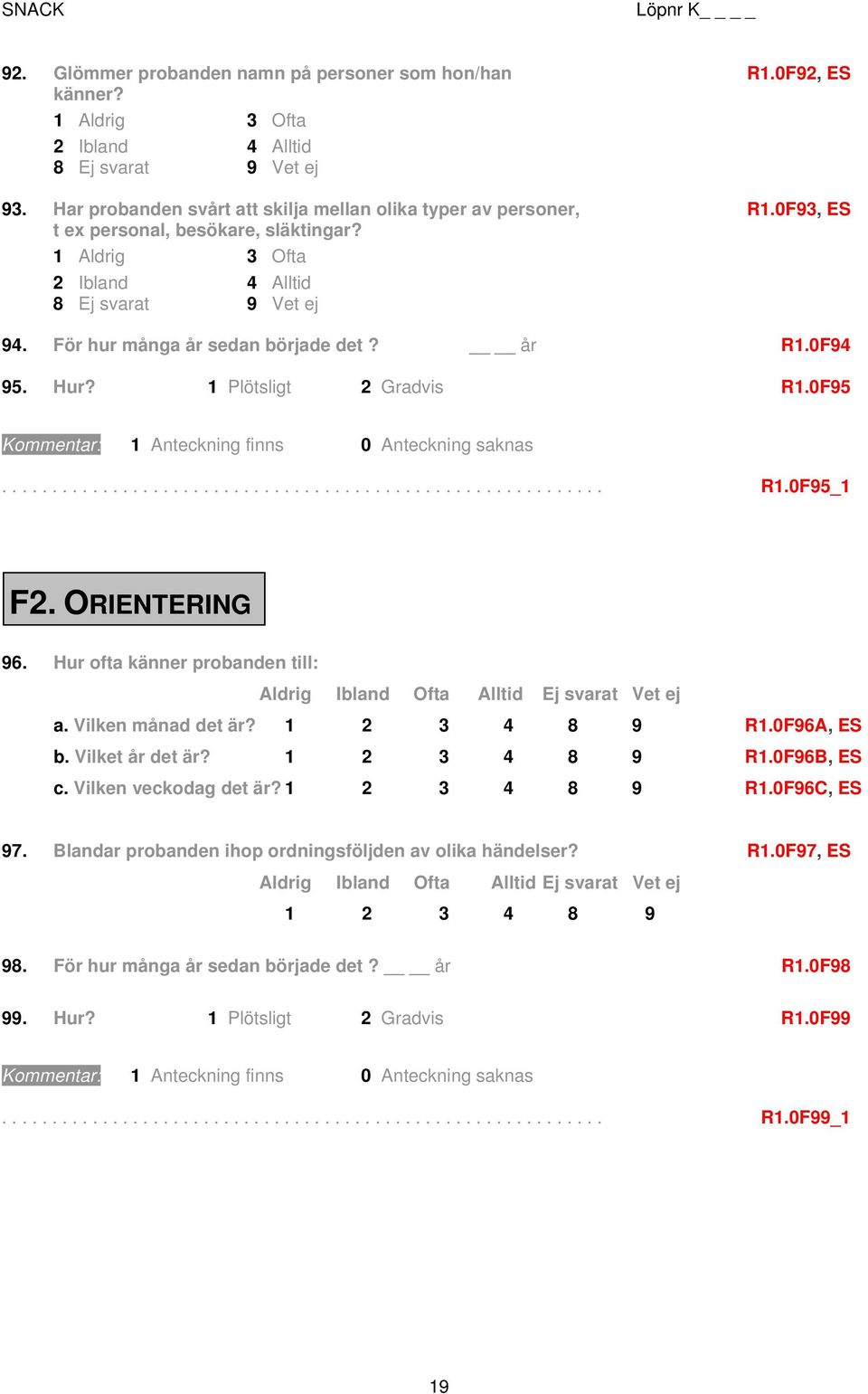 0F95 Kommentar: 1 Anteckning finns 0 Anteckning saknas............................................................ R1.0F95_1 F2. ORIENTERING 96.