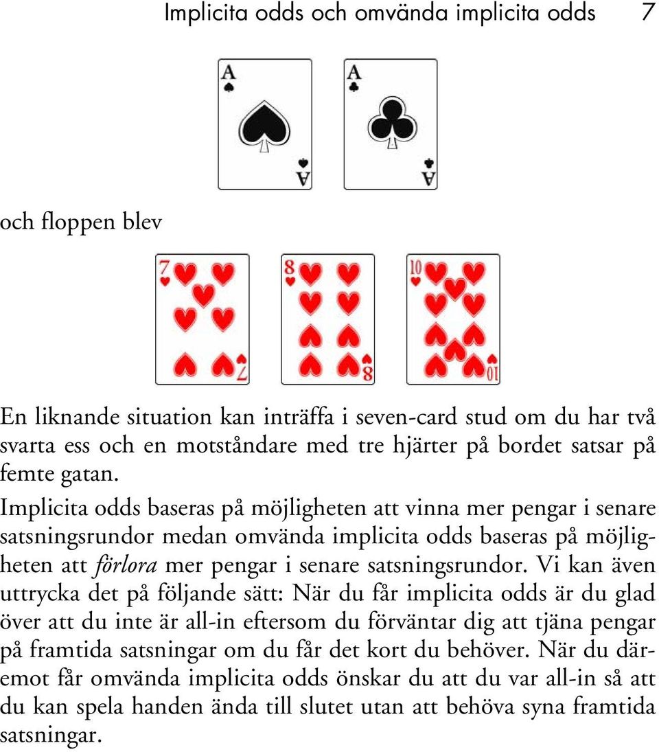 Implicita odds baseras på möjligheten att vinna mer pengar i senare satsningsrundor medan omvända implicita odds baseras på möjligheten att förlora mer pengar i senare satsningsrundor.