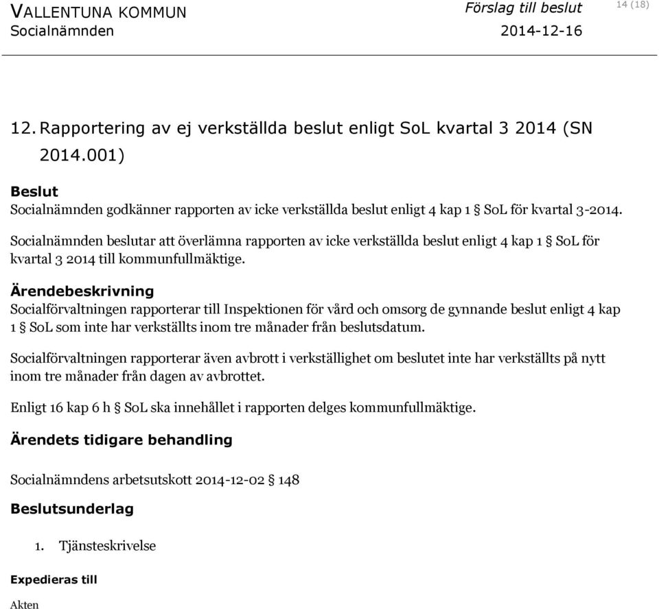 Socialförvaltningen rapporterar till Inspektionen för vård och omsorg de gynnande beslut enligt 4 kap 1 SoL som inte har verkställts inom tre månader från beslutsdatum.